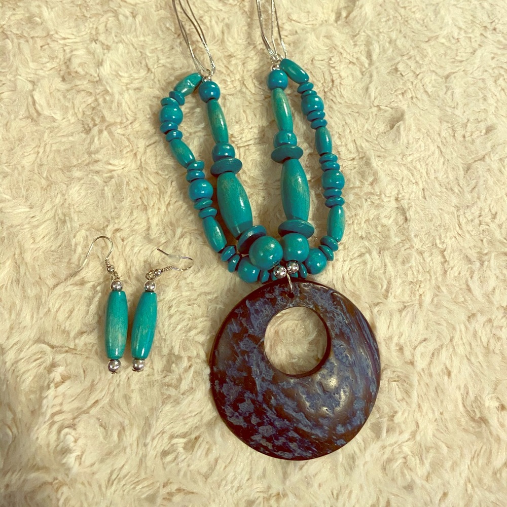 Turquoise Wood Bead Necklace and Earrings Set